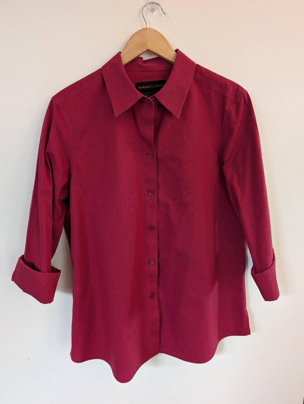 Nina Mclemore 100% Cotton No Iron Button Down Shirt Burgundy Red Maroon 12